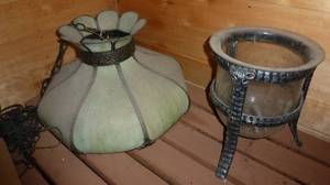 lot 138 image: Vintage hanging glass lamp (approx 18 inch)  and large candle holder or flower vase