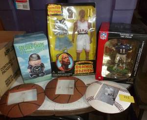lot 151 image: Sports memorabilia, Rodman doll, Cullpepper bobble head, soldier clock, ball photo frames, Jordan doll