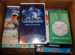 lot 166 image: Box of VHS including Disney and some 8 track tapes