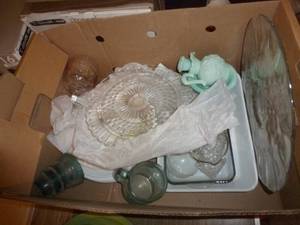 lot 172 image: large box of glassware - cake plates, baking dishes, glasses, plates, 6 Qt Revere cooking pot