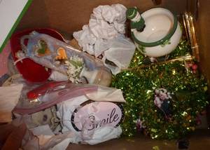 lot 173 image: box of seasonal items including a new fiber optic turkey