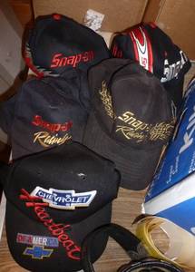 lot 174 image: 5 Snap-on hats, and a chevy hat, 2 leather belts, Field & Stream hunting vest size 2XL and a Snap-on Jacket size XL