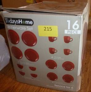 lot 215 image: New red dinnerware set service for 4