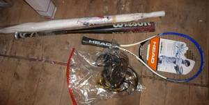 lot 246 image: New tennis racket, new Twins umbrella, bat, and a bag of sunglasses and goggles