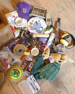 lot 258 image: Lot of misc, fishing, string for weed whip, train clock, gloves and more