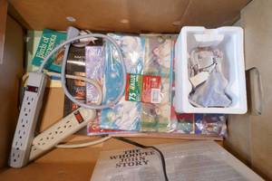 lot 274 image: Misc box of xmas boxes, outlets, ceramic angel, records, teapot