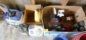 lot 290 image: 3 Boxes of household cleaners, outdoor chemicals, sprayer, caulk gun