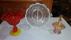 lot 524 image: Fenton (2) And Dugan. Amberina Thumbprint, Opalescent Moonstone, Marigold Carnival Basketweave.