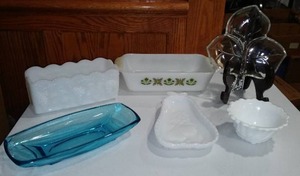 lot 526 image: Hazel (3) & Fire King (3) Milk Glass, Meadow Flowers, Maple Leaf,  And Sea Blue