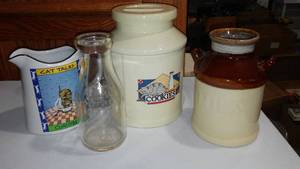 lot 533 image: Cookie And Milk Theme Cookie Jar, Pitcher And More.