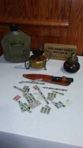 lot 571 image: WWII Field Rations, Heater, Stove, Canteen, Knife And More.