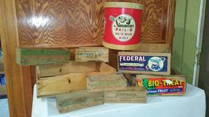 lot 659 image: Cardboard Milk Pail, Wood Crates And Cheese Boxes, Excellent Graphics.