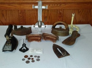 lot 715 image: 1920s Wall Sconce, Foreign Coins, Metal SAD Irons, And More.