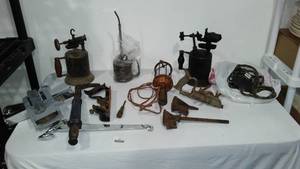 lot 807 image: Vintage Grease Can, Torches (2) Nail Puller, Brass Screwdriver And More.