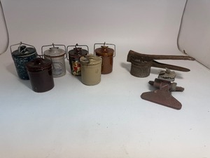 lot 22 image: Mini Crocks, Sprinkler, & Potato Masher