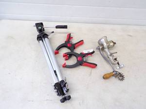 lot 26 image: Tripod Pair of Clamps and Meat Grinder