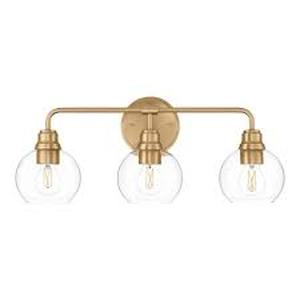 lot 5 image: Hampton Bay Florabelle 24 in. W 3-Light Vanity Light Antique Gold Clear Globe Glass Shades  Customer Returns See Pictures