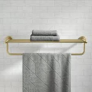 lot 6 image: KRAUS Elie Bathroom Shelf Towel Rack with Towel Bar in Brushed Gold  Customer Returns See Pictures