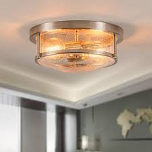 HUOKU Lumin 11.8 in. 2-Light Gold Flush Mount with Drum Seeded Glass Shade Dimmable Ceiling Light  Customer Returns See Pictures