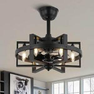 Bella Depot Vintlume 18 in. Indoor Matte Black Metal Caged Ceiling Fan with Light and Remote, Reversible Fandelier  Customer Returns See Pictures