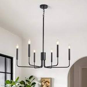lot 39 image: Roxsanne 6-Light Black Dimmable ClassicTraditional Chandelier Rustic Linear Candle-Style Kitchen Island Light Fixture  Customer Returns See Pictures