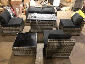 lot 66 image: Sizzim Gray 8-Piece Wicker Rattan Outdoor Sectional Set with 50000 BTU Gas Fire Pit Table and Black Cushions, Coffee Table  Customer Returns See Pictures