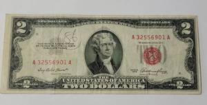 lot 49 image: 1953 $2 US Note Red Dot