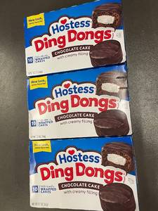 lot 27 image: Lot of 3 Hostess Ding Dongs Chocolate Cake Boxes, 10 Packs Each