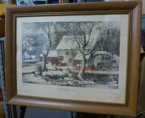 lot 88 image: Vintage Currier and Ives colored print FROZEN UP and Sealed print Showoff grouse by Pettis