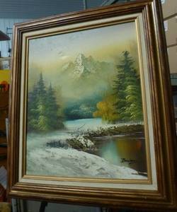lot 90 image: Nature oil on canvas, ocean oil on canvas and a foil world