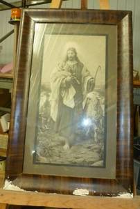 lot 92 image: Antique print of jesus and sheep 18x28