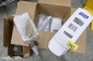 lot 147 image: 3 Purell dispensers and 2 bottles of soap