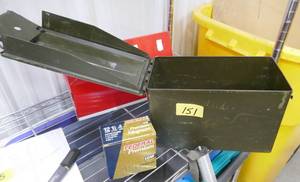lot 151 image: Military ammo can and a box of 12 gauge shells