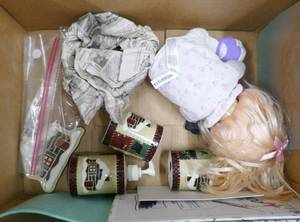 lot 160 image: another goodie box - bathroom set, doll, glass bowls, stein, mugs, candles, votive holders, night light, measuring spoons, tea lites, mini tea set