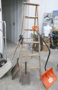 lot 177 image: wood step ladder, 4 shovels and a long handle tree lopper