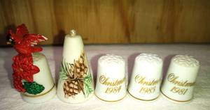 lot 84 image: 3 Ceramic Holiday, Enesco Holiday and Unique Cone Thimbles
