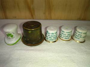 lot 95 image: 4 Ceramic Irish and 1 Large Green Thimbles