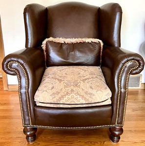Whittemore-Sherrill Limited Brown Leather Wingback Armchair with Nailhead Trim and Cushion