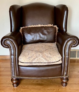 Whittemore-Sherrill Limited Brown Leather Wingback Armchair with Nailhead Trim and Cushion