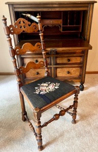 lot 6 image: Antique Berkey & Gay Wooden Secretary Desk with Drawers and Key & Chair