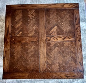 lot 8 image: Square Wood Coffee Table with Chevron Parquet Top and Turned Legs