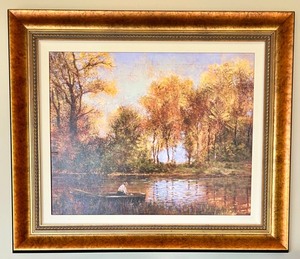 lot 9 image: Framed Landscape Artwork with Boat on Autumn Lake