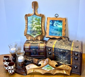 lot 32 image: Home Decor Collection with Vintage Trinket Boxes, Wood Candle Holder, Cups, and Art Plaques