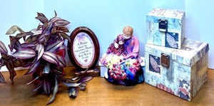 lot 35 image: Royal Doulton Bone China Flower Sellers Children Figurine HN1342 with Decorative Boxes, Potted Plant and Framed Art