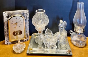 lot 36 image: Collection of Glass Tabletop Decor Including Seiko Clock and Oil Lamp