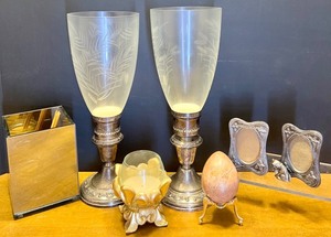 lot 37 image: Collection of Sterling and Metal Decor Items Including Gorham Sterling Candle Holders, Photo Frames, and More