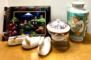 lot 38 image: Asian Decor Collection with Hand-Painted Vase, Lidded Jar, Album, and Duck Figures