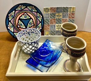 lot 40 image: Eclectic Decorative Ceramic and Glass Tableware Collection with Serving Tray