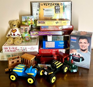 lot 46 image: Large Lot of Board Games, Puzzles, Speakers, Wooden Toys and Collectibles