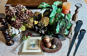 lot 76 image: Mixed Lot Home Decor Accents Including Candle Holders, Artificial Plants, and Decorative Bowl Set